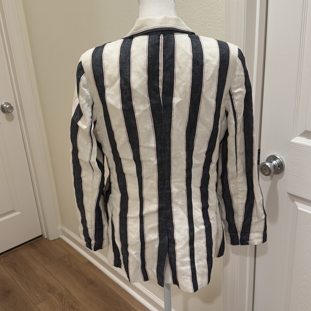 FRAME Bold Stripe Navy White Linen Blazer Sz 4 - Picture 9 of 16